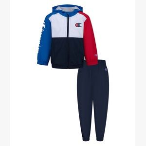 Navy & White Logo Color Block Windbreaker & Sweatpants - Toddler Champion
